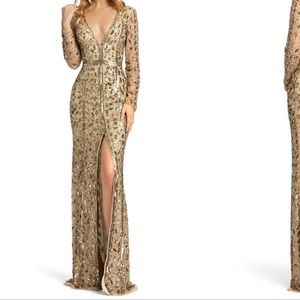 Mac Duggal long sleeve Embellished Evening Gown Antique Gold